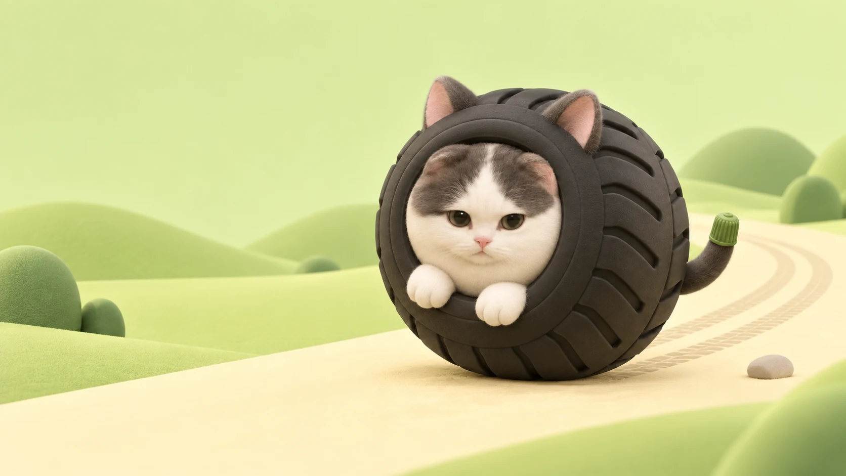 Michi, transformed into a plump charcoal tire-cat, rests in a soft pistachio landscape.
