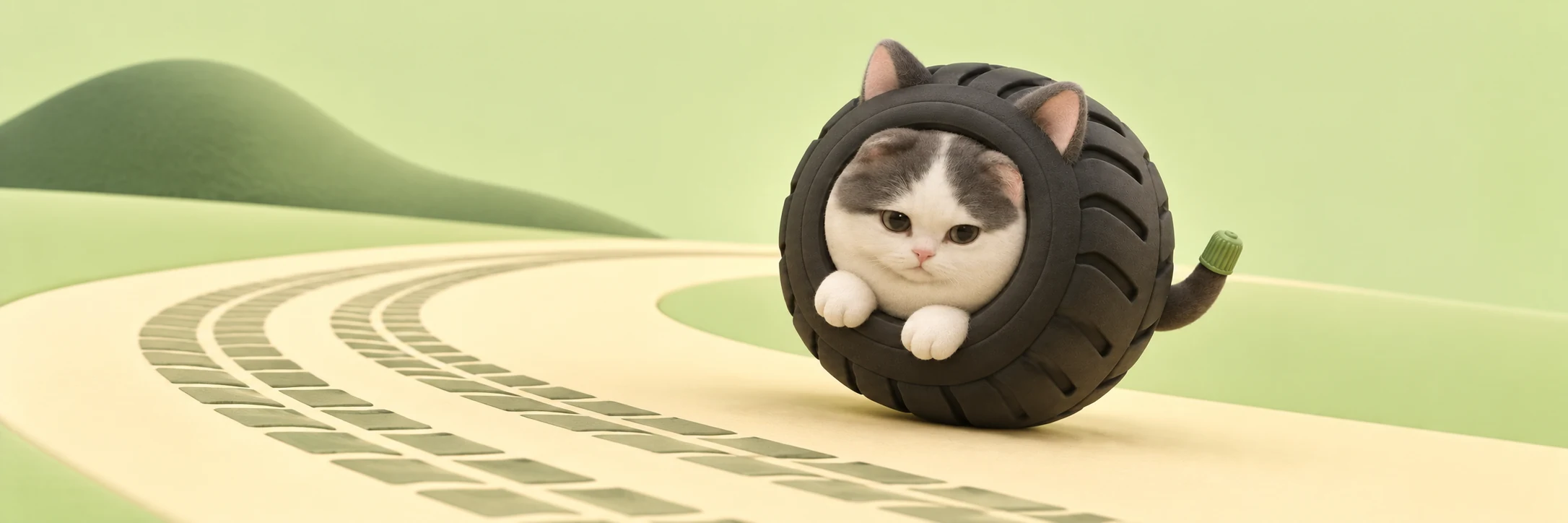MICHILIN rolls through a clean, winding pistachio landscape in a wide banner composition.