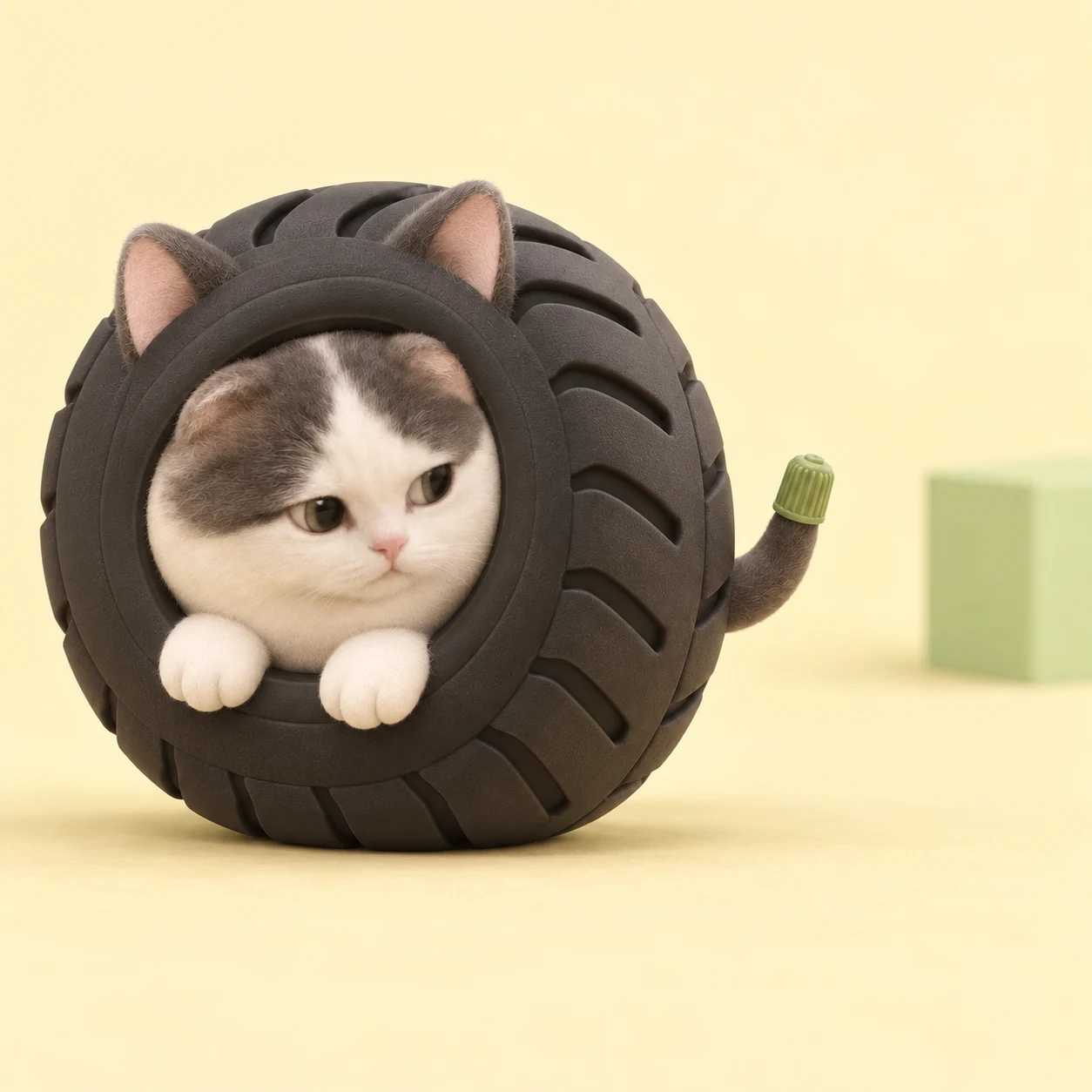 The tire-cat inspects his single curled tail, which ends in a pistachio valve cap.