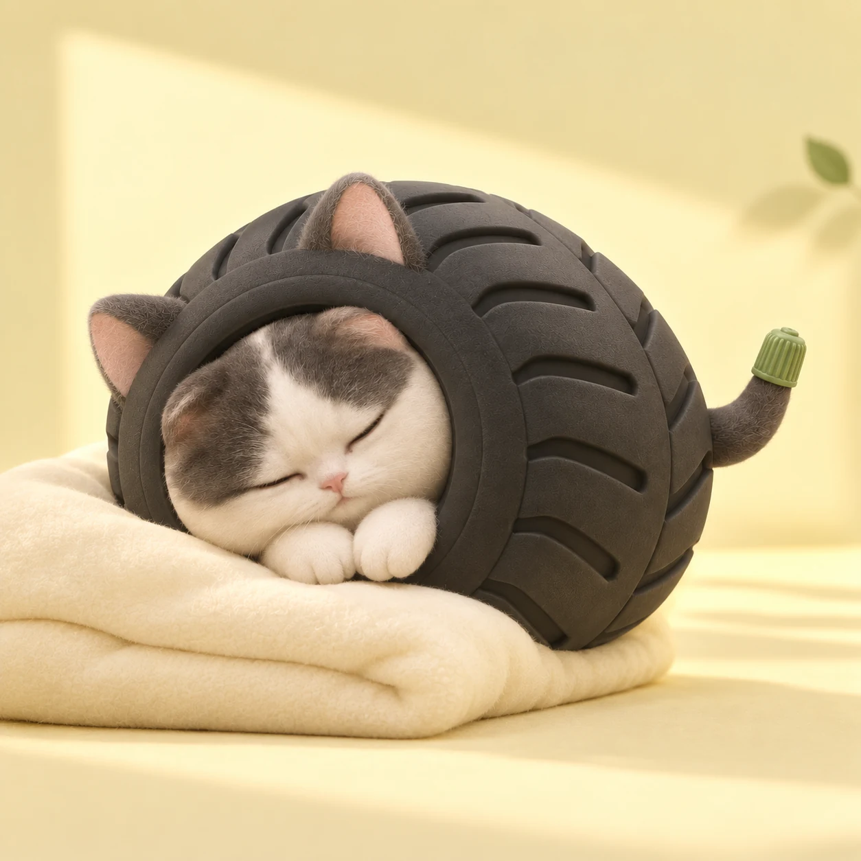 MICHILIN naps on his side in a clean buttercream and pistachio setting.
