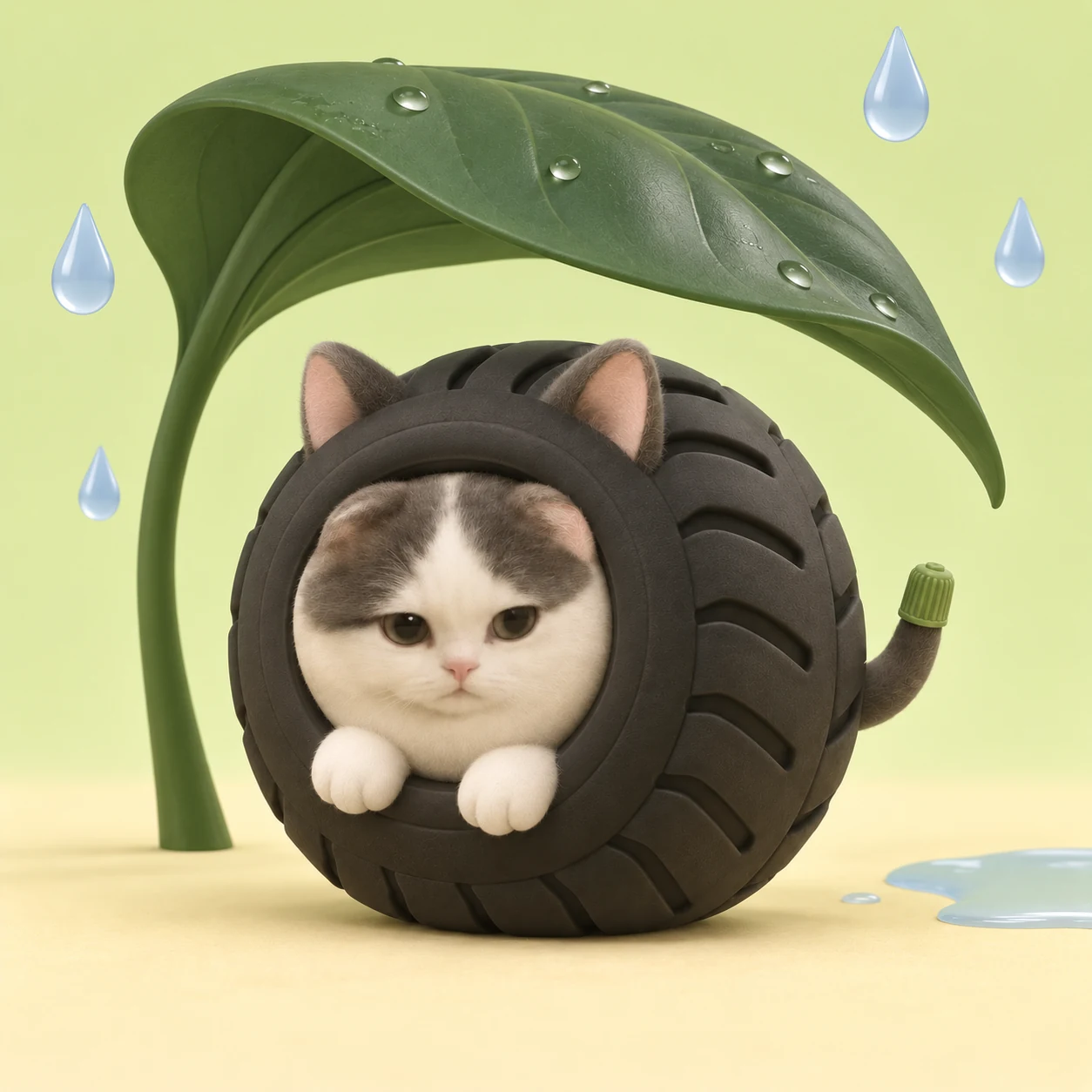 MICHILIN sits under a single large stylized leaf while a few decorative rain drops fall.